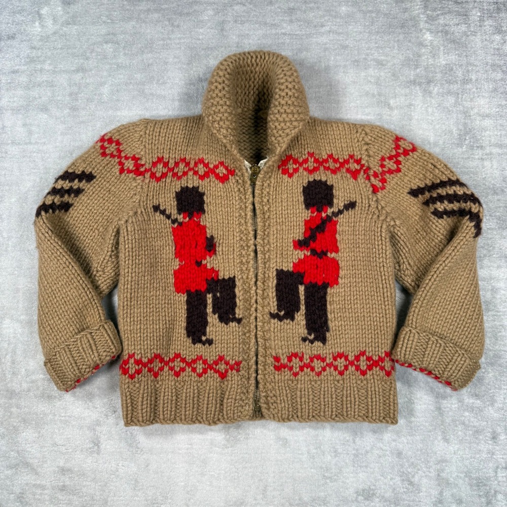 Vintage 1950s Cowichan Sweater Youth 5T Tan British Royal Guards Zip Handknit